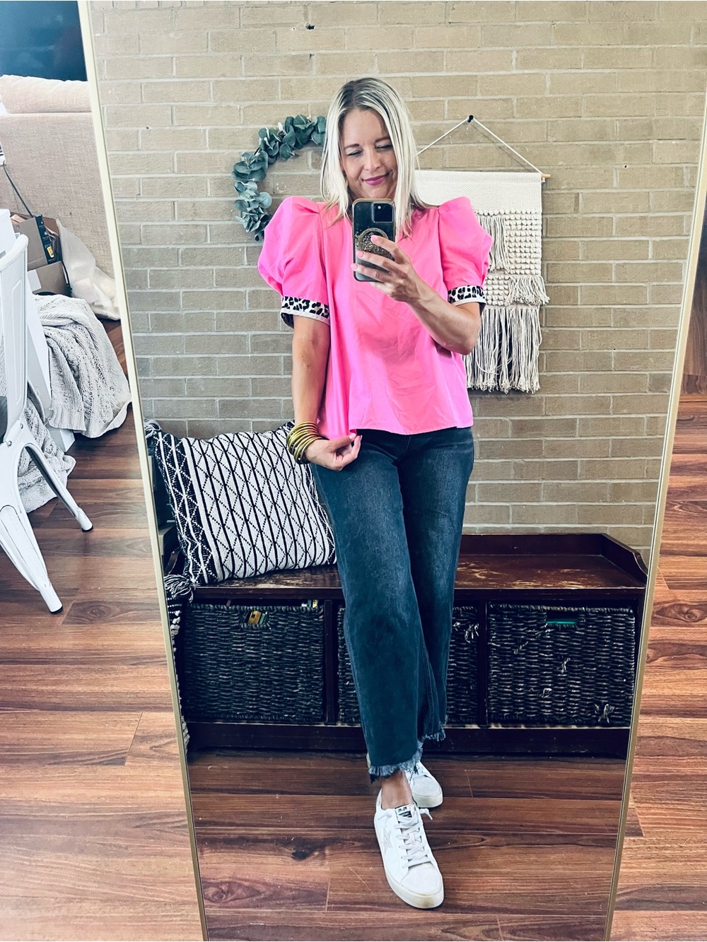 entro Hot Pink Puff Sleeve Tunic with Leopard Trim